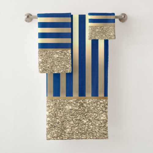 Elegant Stylish Blue Gold Stripes Glitter Shiny Bath Towel Set