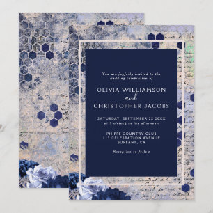 Elegant Stylish Blue Honeycomb Floral Wedding Invitation