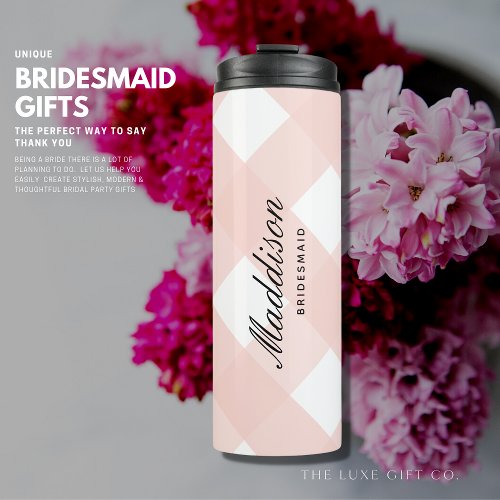 Elegant Stylish Blush Pink Gingham Bridesmaid Thermal Tumbler