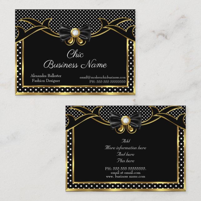 Elegant Stylish Bow-tie Gold Black White Polka Dot Business Card (Front/Back)