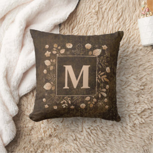Elegant Stylish Brown Gold Leaves Monogram Throw Pillow