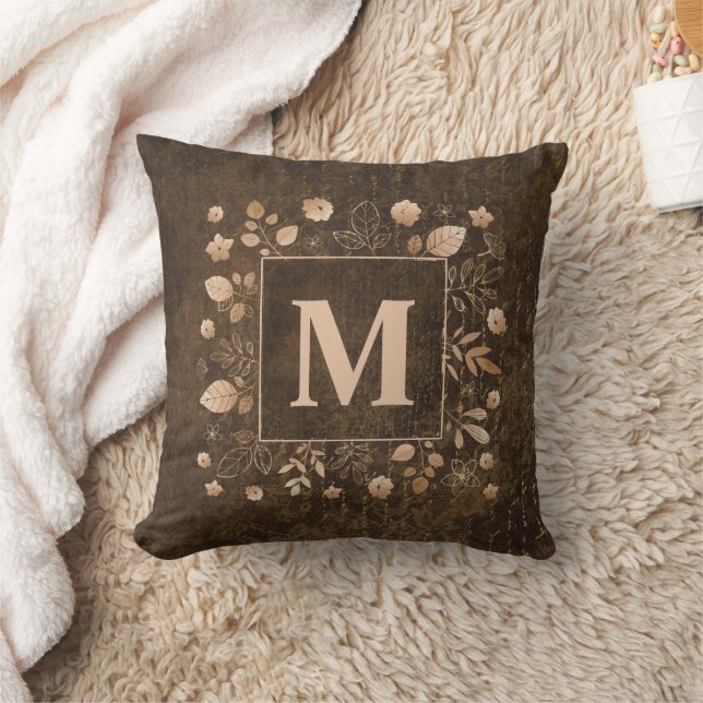 Elegant Stylish Brown Gold Leaves Monogram Throw Pillow (Blanket)