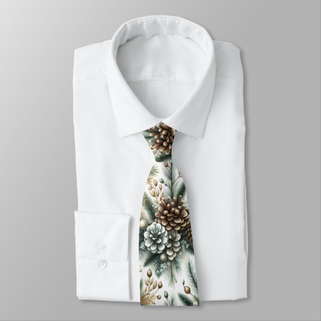 Elegant Stylish Brown Silver Pine Cones Pattern Neck Tie (Tied)