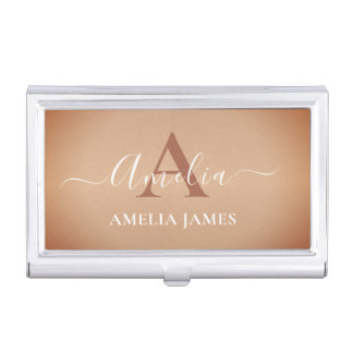 Elegant Stylish Brushed Copper Metal Monogrammed Business Card Case