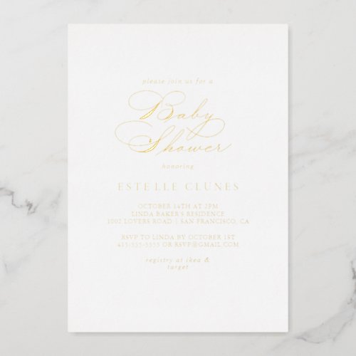 Elegant Stylish Calligraphy Baby Shower Gold    Foil Invitation