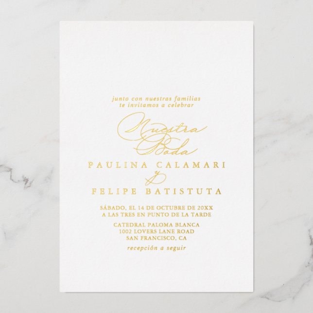 Elegant Stylish Calligraphy Nuestra Boda Gold  Foil Invitation (Front)