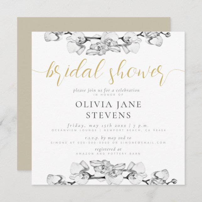 Elegant Stylish Calligraphy Orchids Bridal Shower Invitation (Front/Back)