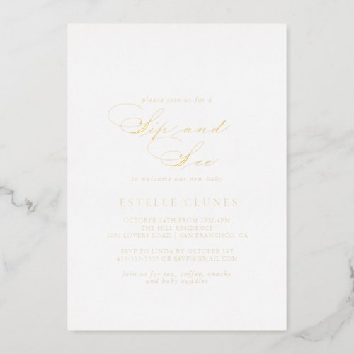 Elegant Stylish Calligraphy Sip and See Gold  Foil Invitation