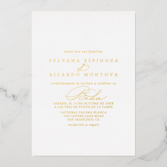 Elegant Stylish Calligraphy Spanish Wedding Gold Foil Invitation (Front)