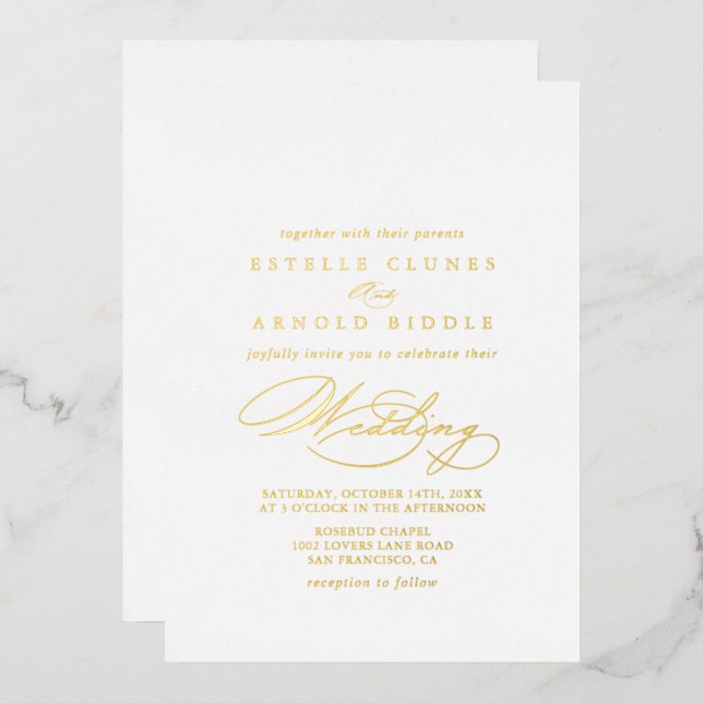 Elegant Stylish Calligraphy Wedding Gold Foil Invitation (Front/Back)