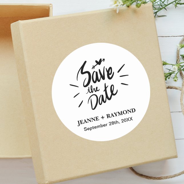 Elegant Stylish Calligraphy Wedding Save the Date Classic Round Sticker (Creator Uploaded)
