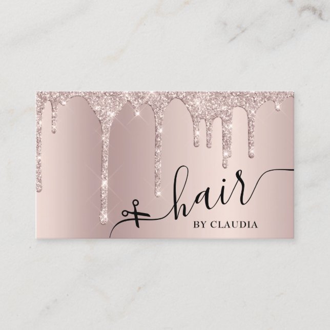 Elegant stylish champagne glitter drips hair business card (Front)