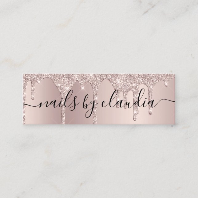 Elegant stylish champagne glitter drips nails mini business card (Front)