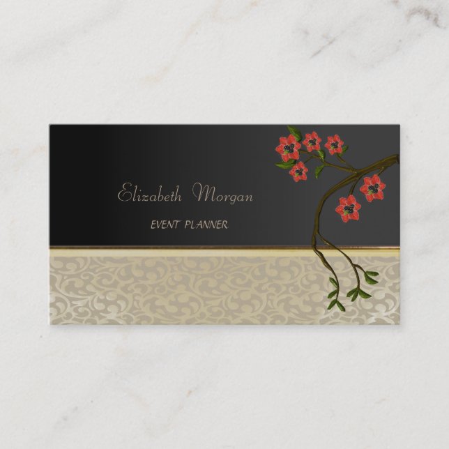 Elegant  Stylish Chic,Damask,Black,Cherry Tree Business Card (Front)