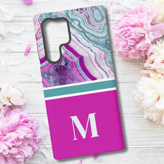 Elegant Stylish Chic Monogram Initial  Samsung Galaxy Case (Chic Teal Magenta Fuchsia Stone Monogram Initial Samsung Galaxy S22 Ultra Case)