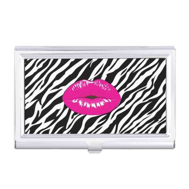 Elegant Stylish Chic-Zebra Print- Pink  Lips Business Card Holder (Front)