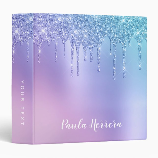 Elegant stylish chick blue & purple glitter drips 3 ring binder (Front/Spine)