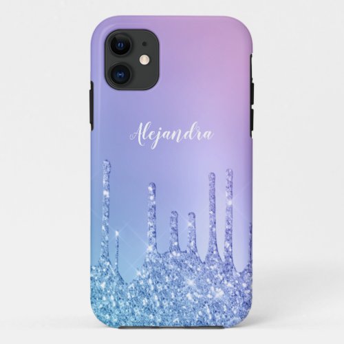 Elegant stylish chick blue  purple glitter drips iPhone 11 case