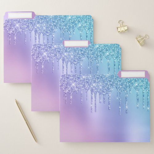 Elegant stylish chick blue  purple glitter drips file folder