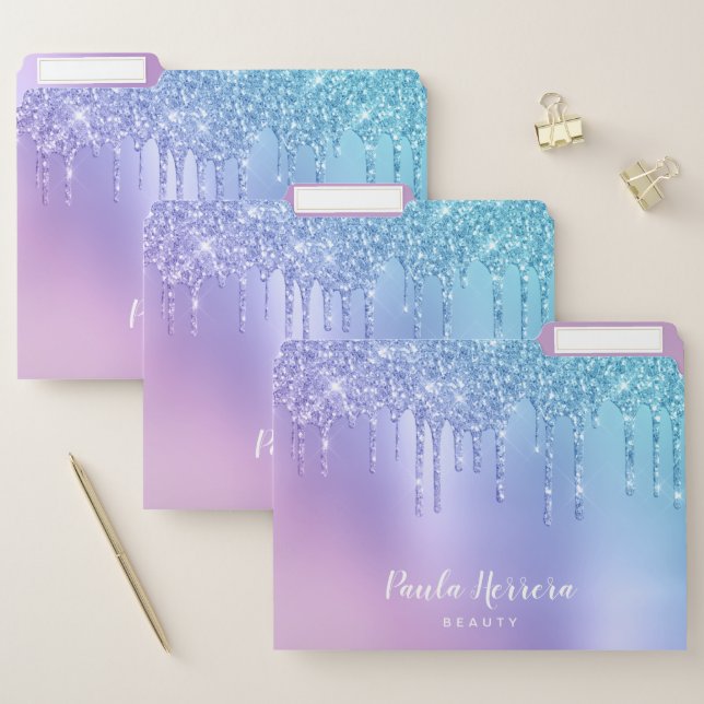 Elegant stylish chick blue & purple glitter drips file folder (Set)
