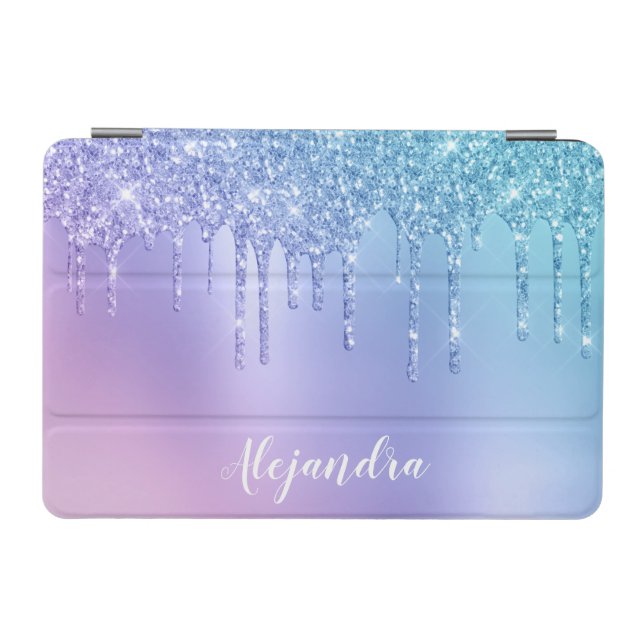 Elegant stylish chick blue & purple glitter drips iPad mini cover (Horizontal)