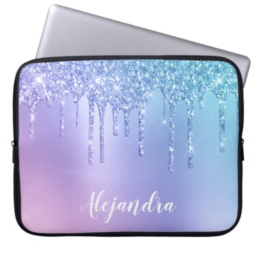 Elegant stylish chick blue  purple glitter drips laptop sleeve