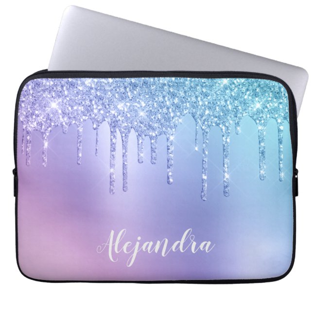 Elegant stylish chick blue & purple glitter drips laptop sleeve (Front)