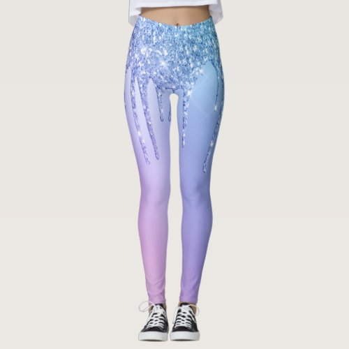 Elegant stylish chick blue  purple glitter drips leggings