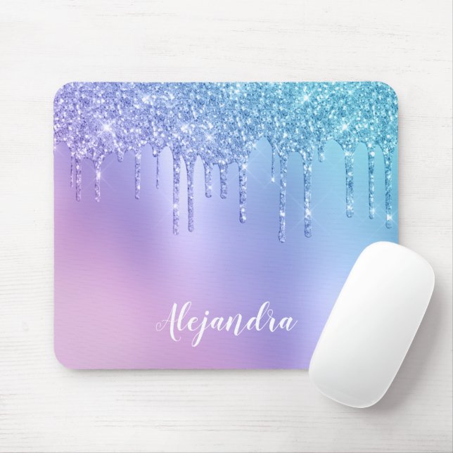 Elegant stylish chick blue & purple glitter drips mouse pad (With Mouse)