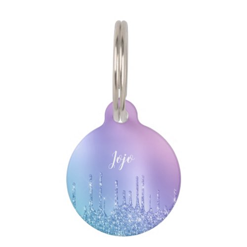 Elegant stylish chick blue  purple glitter drips pet ID tag