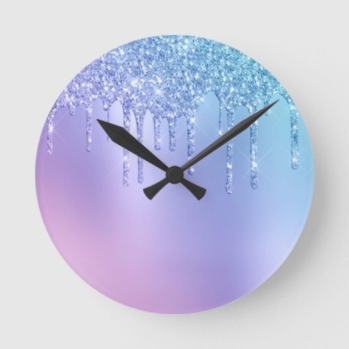 Elegant stylish chick blue  purple glitter drips round clock