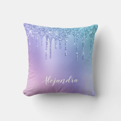Elegant stylish chick blue  purple glitter drips throw pillow