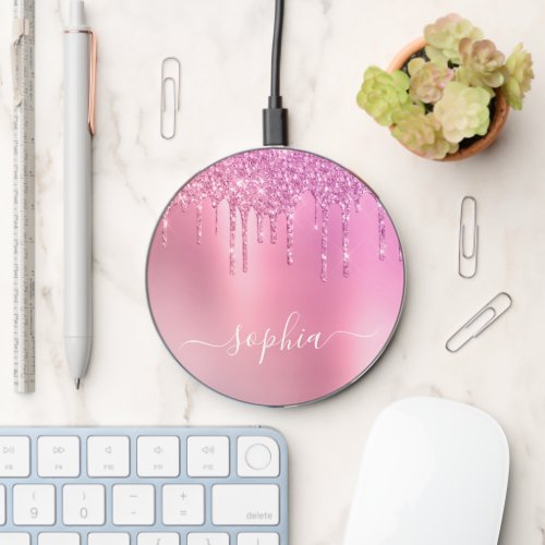 Elegant stylish chick pink rose gold glitter drips wireless charger 