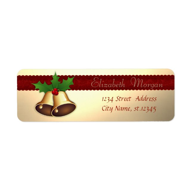 Elegant Stylish Christmas Bells Holly Branches Label (Front)