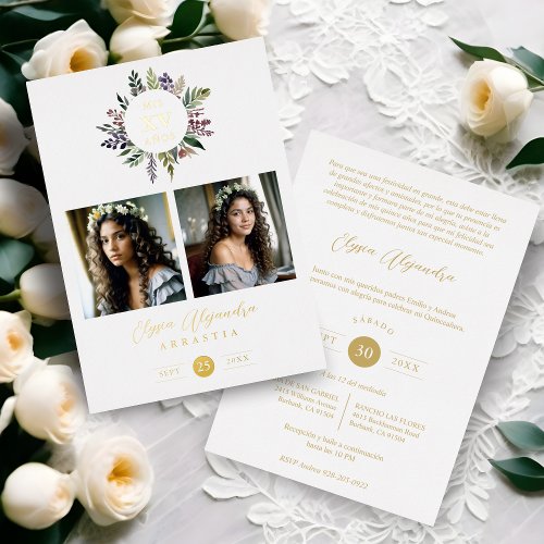 Elegant Stylish CIrcular Shape Mis XV aos Floral  Foil Invitation