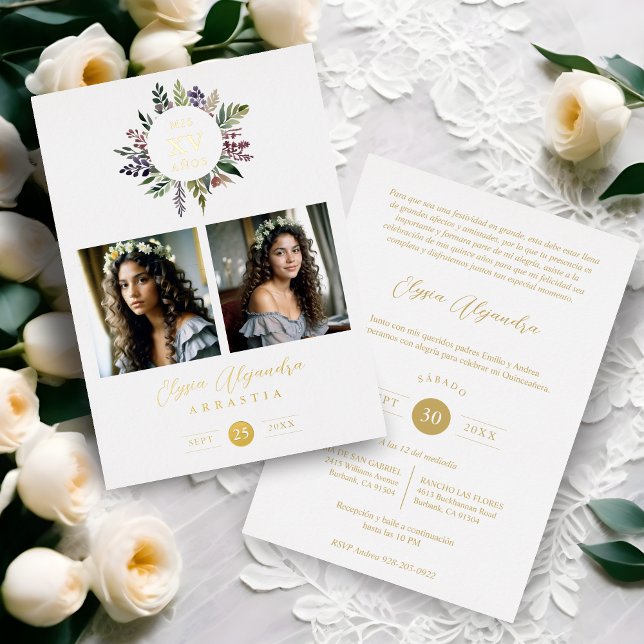 Elegant Stylish CIrcular Shape Mis XV años Floral  Foil Invitation (Spanish Elegant Modern Stylish Shape Mis XV años Floral Anagram 2 Photos Collage.)