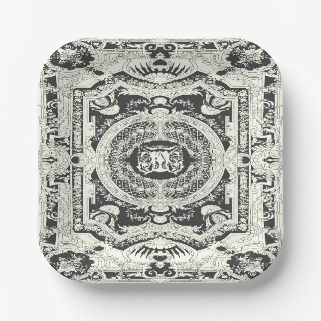 Elegant Stylish Classy Black White Baroque  Paper Plates (Front)
