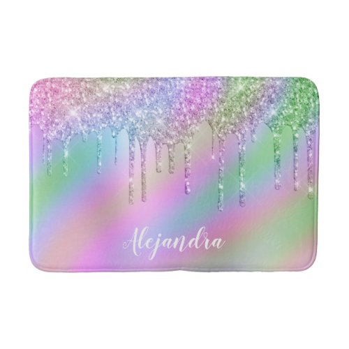 Elegant stylish colorful holographic glitter drips bath mat