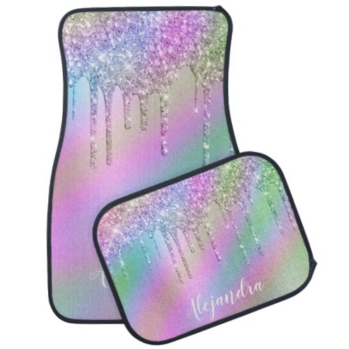 Elegant stylish colorful holographic glitter drips car floor mat