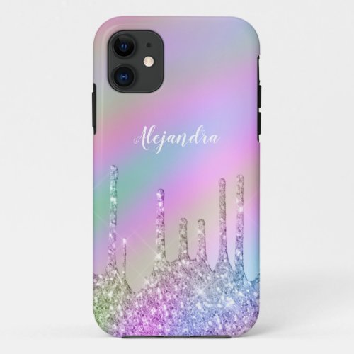 Elegant stylish colorful holographic glitter drips iPhone 11 case