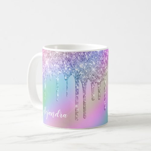 Elegant stylish colorful holographic glitter drips coffee mug