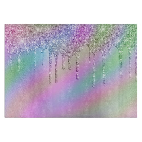 Elegant stylish colorful holographic glitter drips cutting board