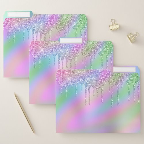 Elegant stylish colorful holographic glitter drips file folder