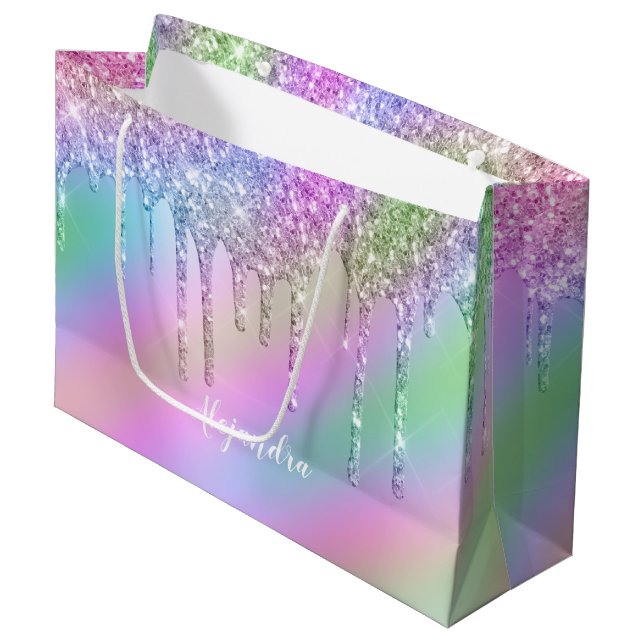 Elegant stylish colorful holographic glitter drips large gift bag (Front Angled)