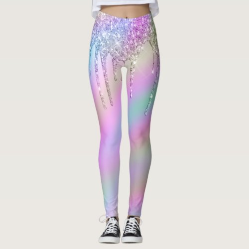 Elegant stylish colorful holographic glitter drips leggings
