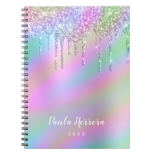 Elegant stylish colorful holographic glitter drips notebook