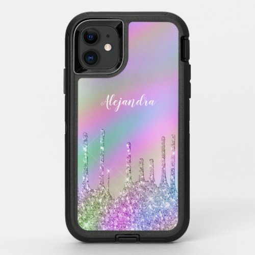 Elegant stylish colorful holographic glitter drips OtterBox defender iPhone 11 case