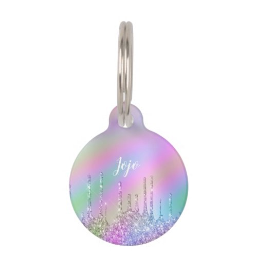 Elegant stylish colorful holographic glitter drips pet ID tag