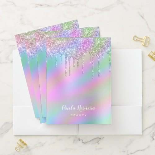 Elegant stylish colorful holographic glitter drips pocket folder