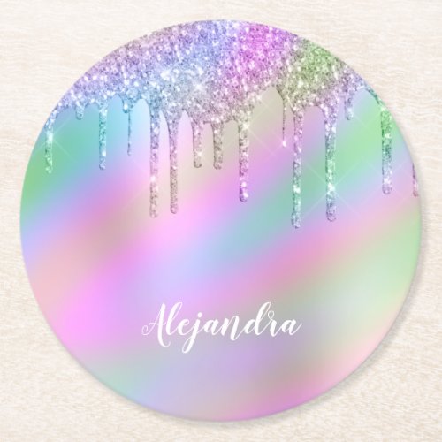 Elegant stylish colorful holographic glitter drips round paper coaster